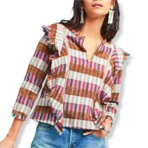 DRA Anthropologie Kelsey Top XS S Woven Plaid Fringe Prairie Boho Western NEW